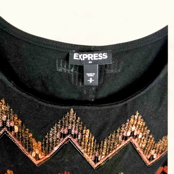 Express Y2K Bodycon Mini Dress Aztec Design Copper Gold Sequins Sexy P/S - Picture 10 of 12